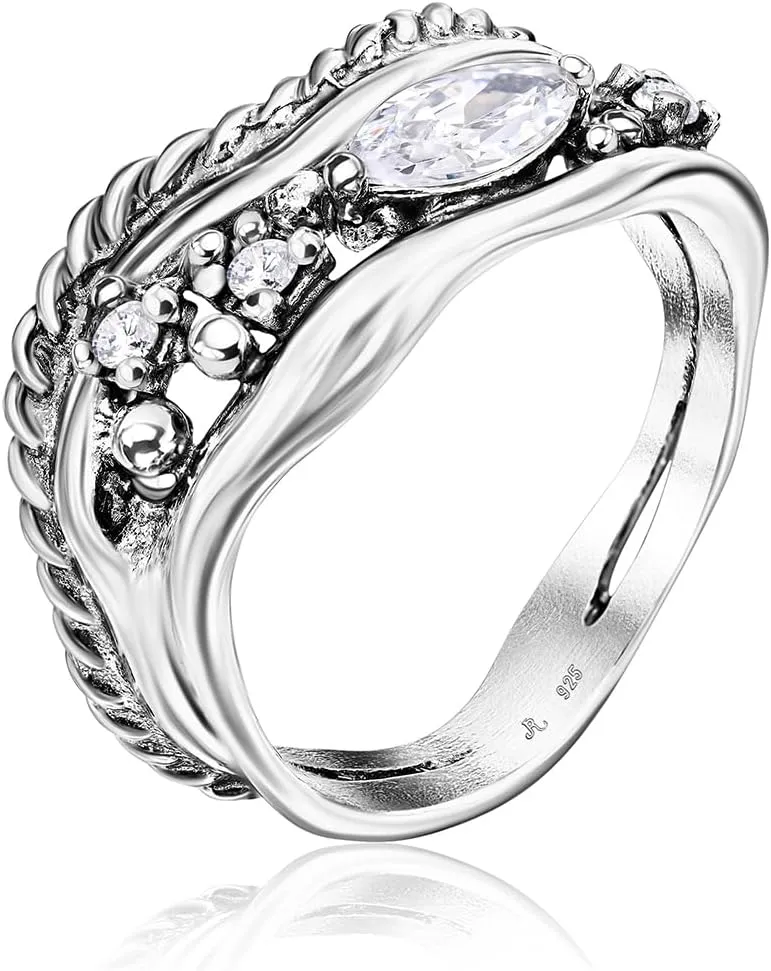 JEAN RACHEL JEWELRY 925 Sterling Silver Ring - Curved Rope with Marquise Cubic Zircona Vintage Design - Hypoallergenic, Lead & Nickel Free Jewelry - Artisan Handcrafted Statement Rings for Women