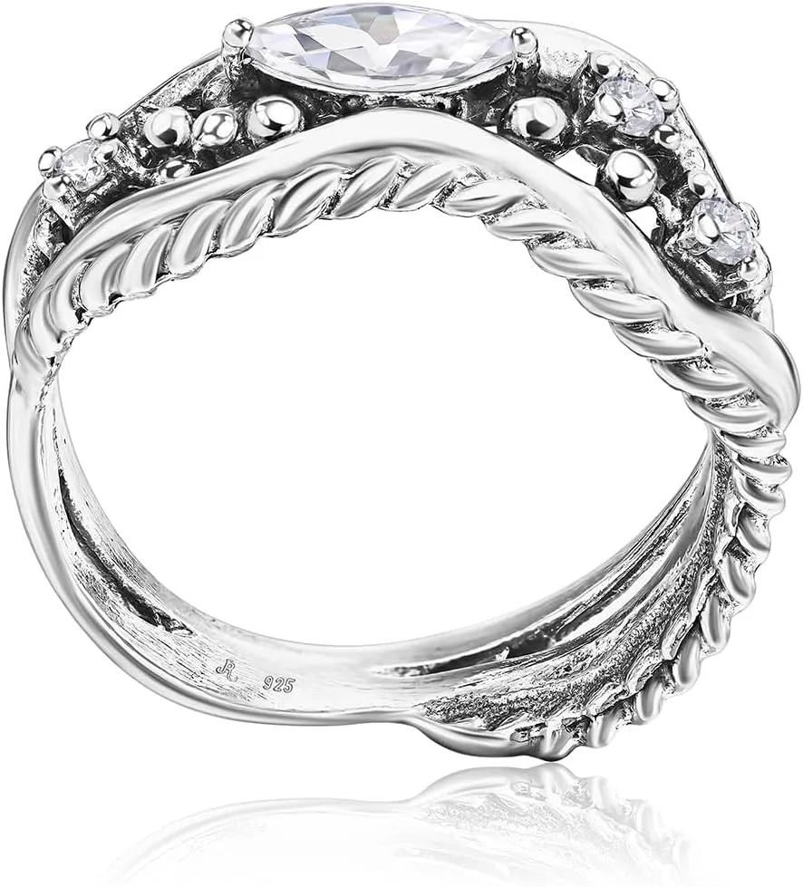 JEAN RACHEL JEWELRY 925 Sterling Silver Ring - Curved Rope with Marquise Cubic Zircona Vintage Design - Hypoallergenic, Lead & Nickel Free Jewelry - Artisan Handcrafted Statement Rings for Women