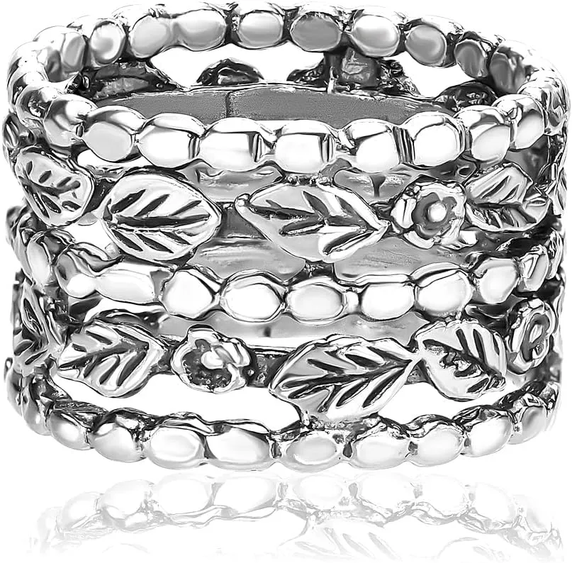 JEAN RACHEL JEWELRY 925 Sterling Silver Ring - Wide Multi Strand with Floral & Leaves Oxidized Vintage Design - Hypoallergenic, Lead & Nickel Free - Artisan Handcrafted Statement Rings for Women