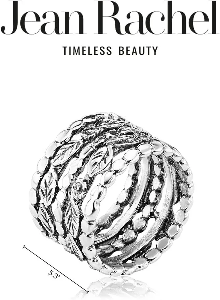 JEAN RACHEL JEWELRY 925 Sterling Silver Ring - Wide Multi Strand with Floral & Leaves Oxidized Vintage Design - Hypoallergenic, Lead & Nickel Free - Artisan Handcrafted Statement Rings for Women