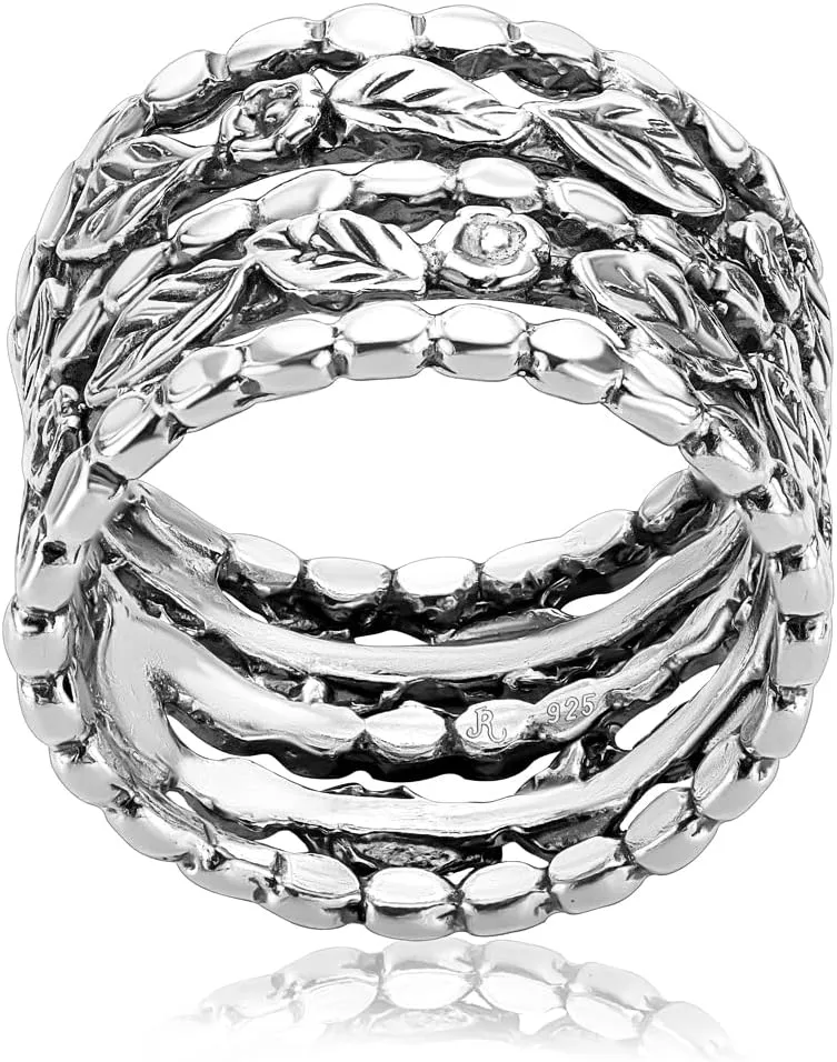 JEAN RACHEL JEWELRY 925 Sterling Silver Ring - Wide Multi Strand with Floral & Leaves Oxidized Vintage Design - Hypoallergenic, Lead & Nickel Free - Artisan Handcrafted Statement Rings for Women