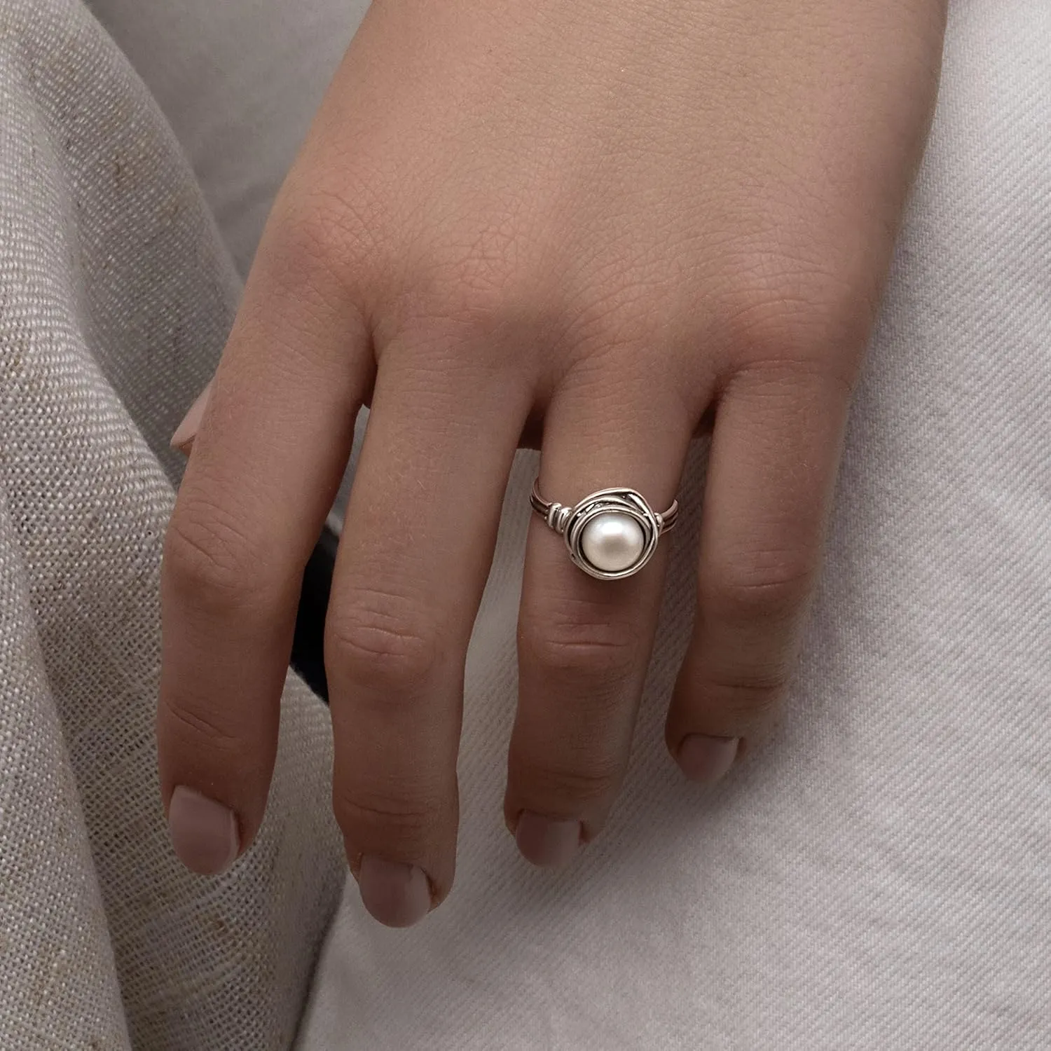 JEAN RACHEL JEWELRY 925 Sterling Silver Ring with Fresh Water Pearl Wire Wrap Vintage Design - Hypoallergenic, Nickel & Lead-free - Artisan Handcrafted Statement Rings for Women