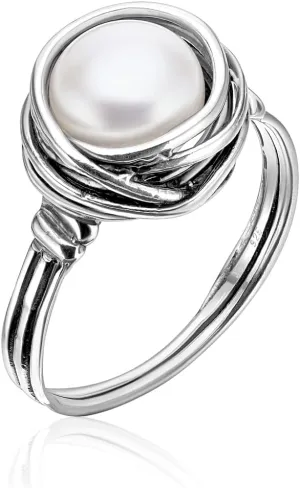 JEAN RACHEL JEWELRY 925 Sterling Silver Ring with Fresh Water Pearl Wire Wrap Vintage Design - Hypoallergenic, Nickel & Lead-free - Artisan Handcrafted Statement Rings for Women