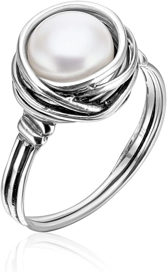 JEAN RACHEL JEWELRY 925 Sterling Silver Ring with Fresh Water Pearl Wire Wrap Vintage Design - Hypoallergenic, Nickel & Lead-free - Artisan Handcrafted Statement Rings for Women