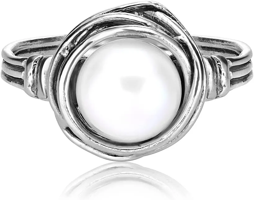 JEAN RACHEL JEWELRY 925 Sterling Silver Ring with Fresh Water Pearl Wire Wrap Vintage Design - Hypoallergenic, Nickel & Lead-free - Artisan Handcrafted Statement Rings for Women