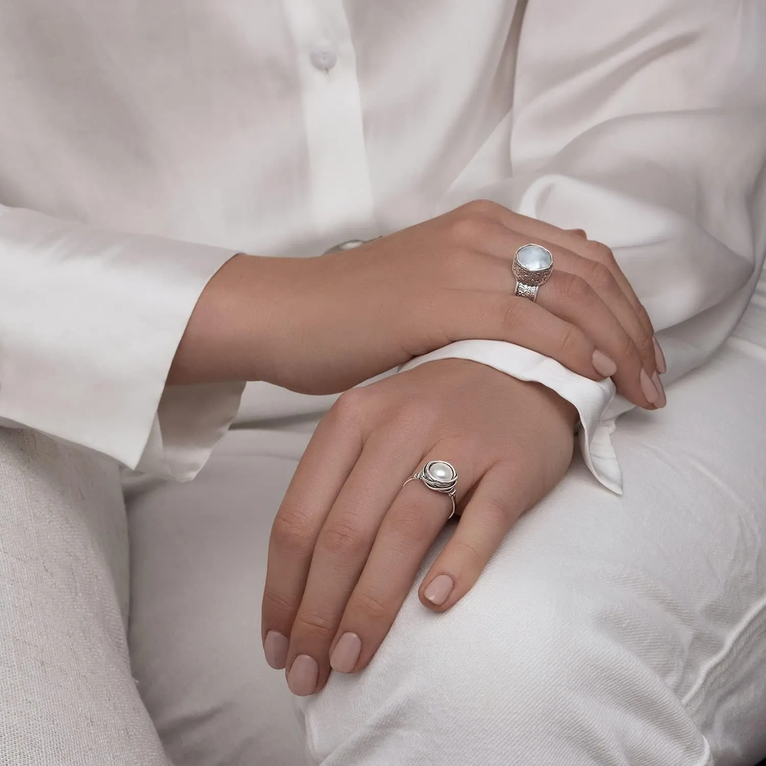 JEAN RACHEL JEWELRY 925 Sterling Silver Ring with Fresh Water Pearl Wire Wrap Vintage Design - Hypoallergenic, Nickel & Lead-free - Artisan Handcrafted Statement Rings for Women