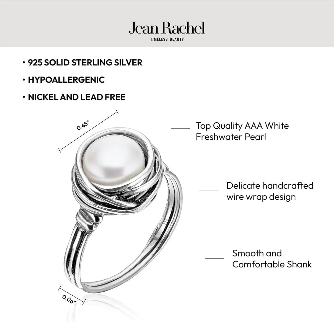 JEAN RACHEL JEWELRY 925 Sterling Silver Ring with Fresh Water Pearl Wire Wrap Vintage Design - Hypoallergenic, Nickel & Lead-free - Artisan Handcrafted Statement Rings for Women