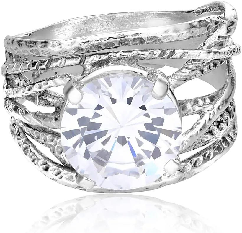 JEAN RACHEL JEWELRY 925 Sterling Silver Ring - Wrap Vintage Design with Prong Set Round Cubic Zirconia - Hypoallergenic, Lead & Nickel Free - Artisan Handcrafted Statement Rings for Women