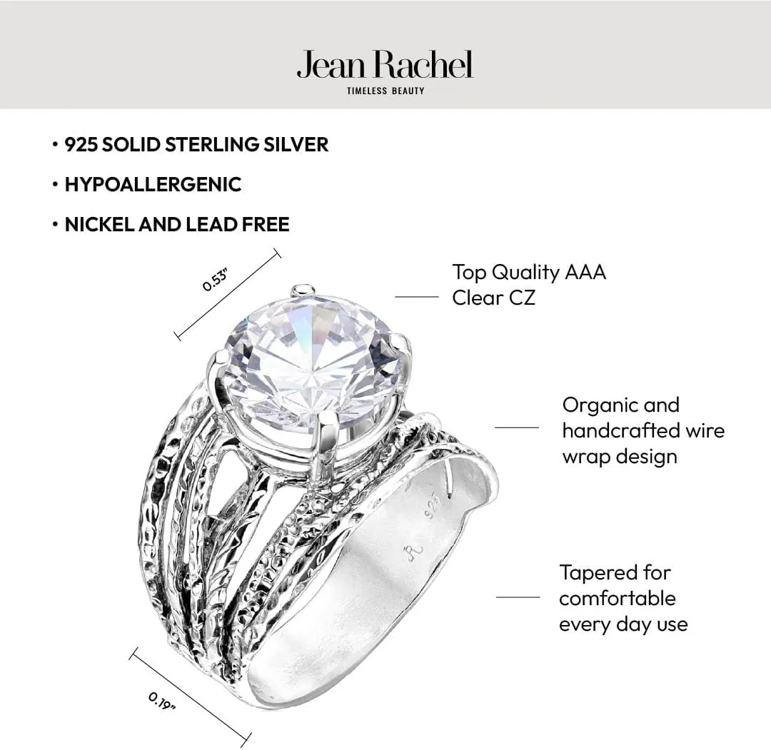 JEAN RACHEL JEWELRY 925 Sterling Silver Ring - Wrap Vintage Design with Prong Set Round Cubic Zirconia - Hypoallergenic, Lead & Nickel Free - Artisan Handcrafted Statement Rings for Women