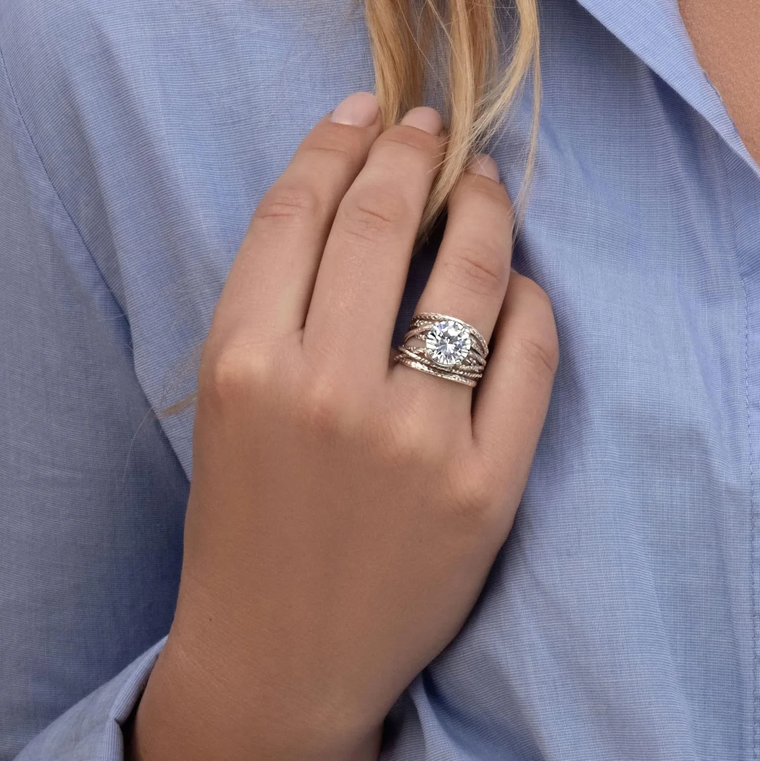 JEAN RACHEL JEWELRY 925 Sterling Silver Ring - Wrap Vintage Design with Prong Set Round Cubic Zirconia - Hypoallergenic, Lead & Nickel Free - Artisan Handcrafted Statement Rings for Women