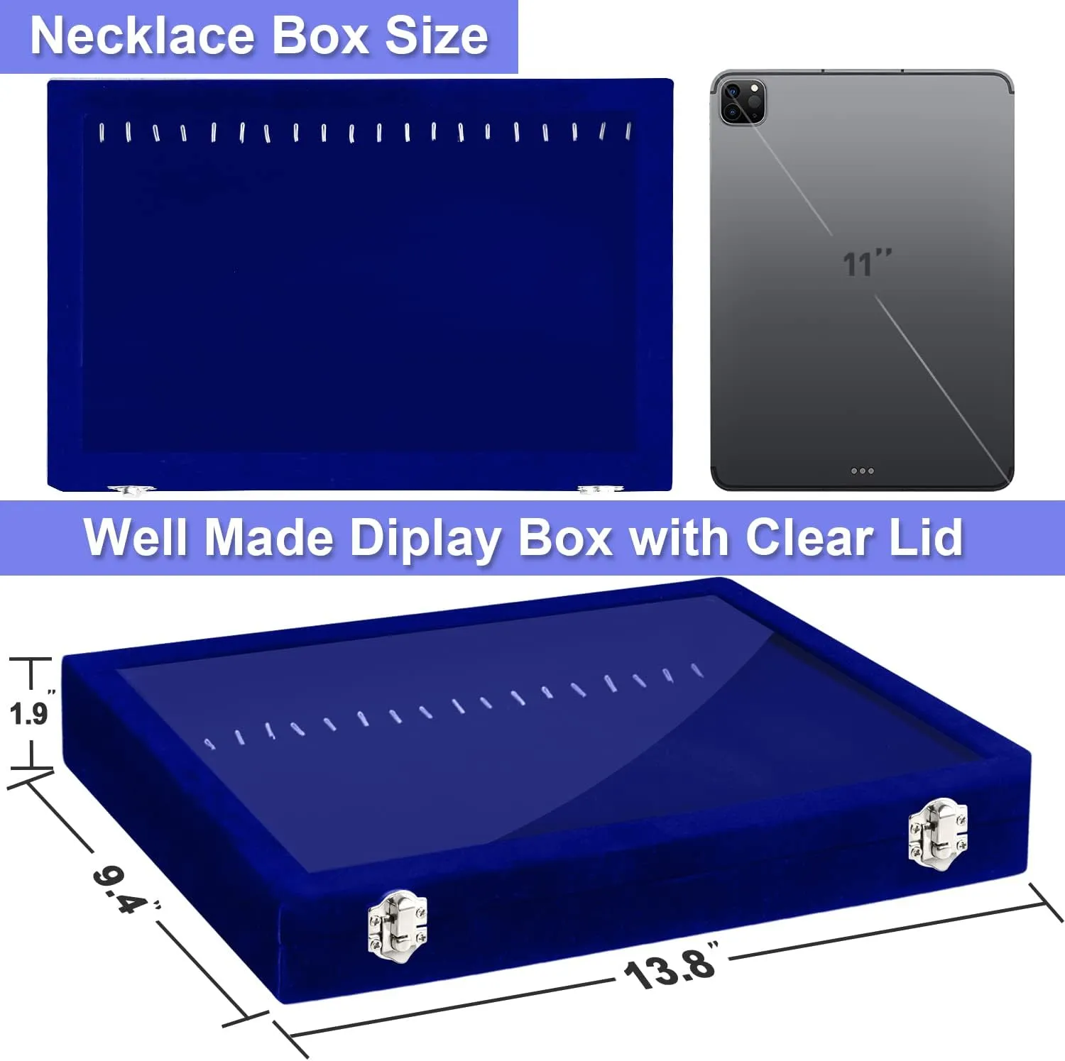 Jenseits Jewelry Display Box For Necklace Organizer, Velvet Necklace Storage Tray For Drawer, 20 Hooks Large Velvet Showcase Holder, Jewelry Organizer With Transparent Lid, Gifts For Her - Blue