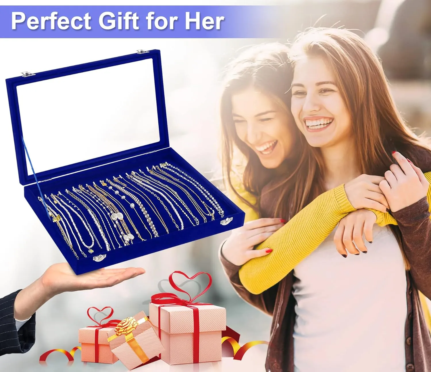Jenseits Jewelry Display Box For Necklace Organizer, Velvet Necklace Storage Tray For Drawer, 20 Hooks Large Velvet Showcase Holder, Jewelry Organizer With Transparent Lid, Gifts For Her - Blue