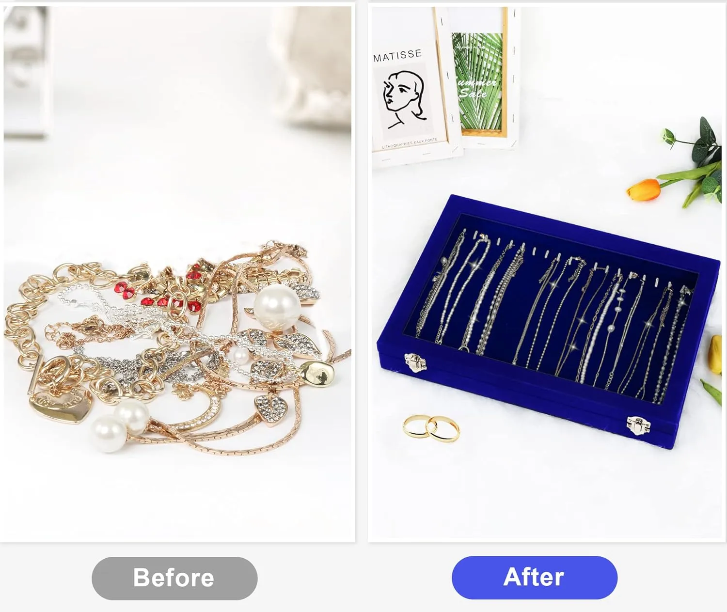 Jenseits Jewelry Display Box For Necklace Organizer, Velvet Necklace Storage Tray For Drawer, 20 Hooks Large Velvet Showcase Holder, Jewelry Organizer With Transparent Lid, Gifts For Her - Blue