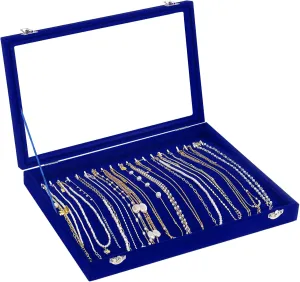 Jenseits Jewelry Display Box For Necklace Organizer, Velvet Necklace Storage Tray For Drawer, 20 Hooks Large Velvet Showcase Holder, Jewelry Organizer With Transparent Lid, Gifts For Her - Blue