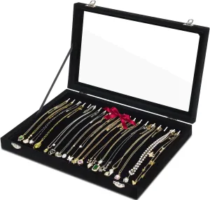 Jenseits Necklace Organizer Box, Tray with Clear Lid, Velvet Dustproof Necklaces Holder Storage Display Case, 20 Hooks Glass Top Jewelry Tray Drawer Insert for Pendant Bracelet
