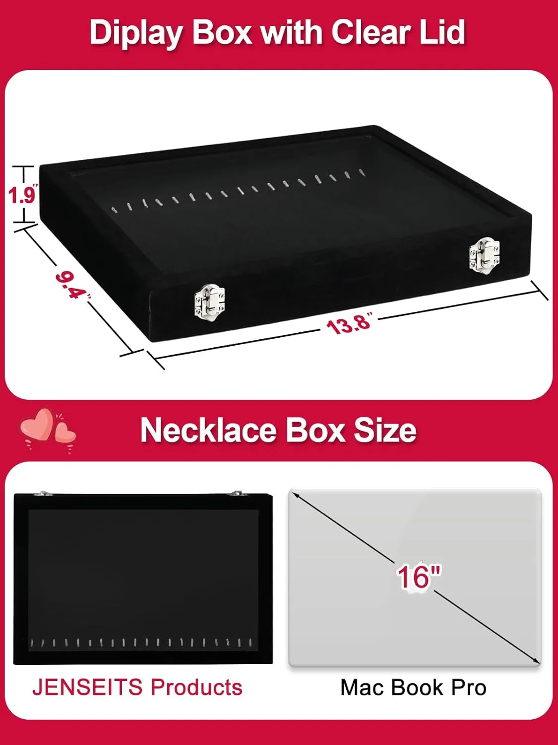 Jenseits Necklace Organizer Box, Tray with Clear Lid, Velvet Dustproof Necklaces Holder Storage Display Case, 20 Hooks Glass Top Jewelry Tray Drawer Insert for Pendant Bracelet