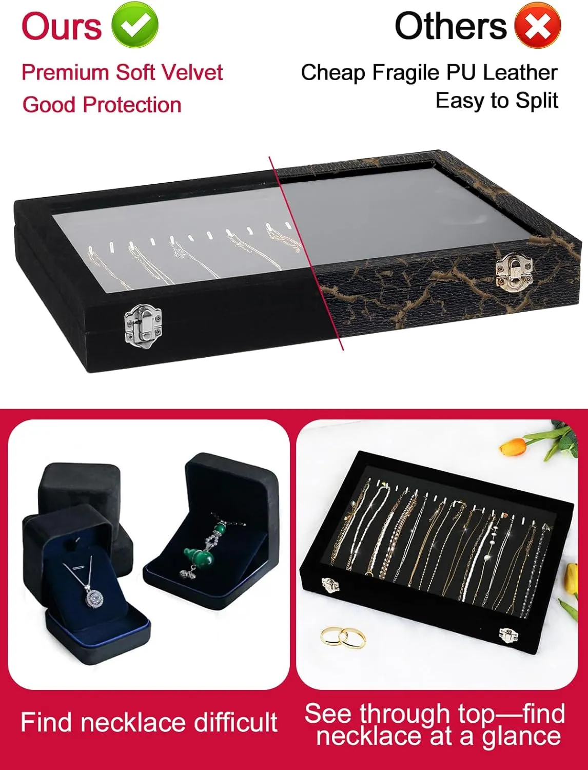 Jenseits Necklace Organizer Box, Tray with Clear Lid, Velvet Dustproof Necklaces Holder Storage Display Case, 20 Hooks Glass Top Jewelry Tray Drawer Insert for Pendant Bracelet