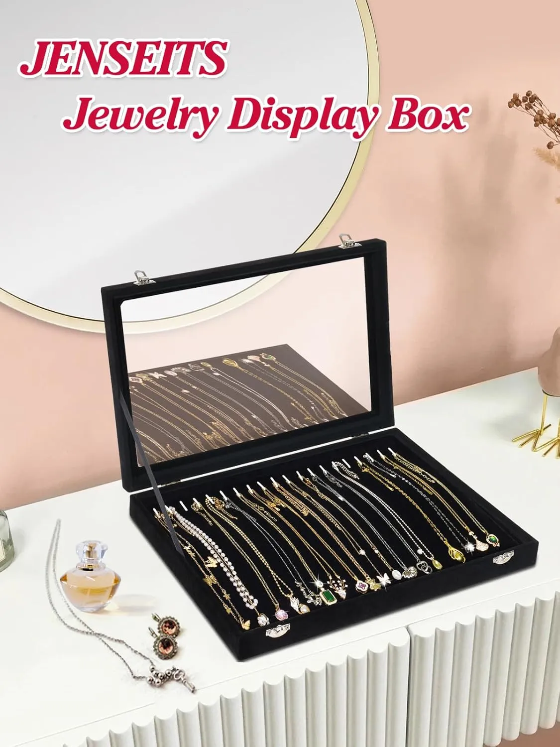 Jenseits Necklace Organizer Box, Tray with Clear Lid, Velvet Dustproof Necklaces Holder Storage Display Case, 20 Hooks Glass Top Jewelry Tray Drawer Insert for Pendant Bracelet