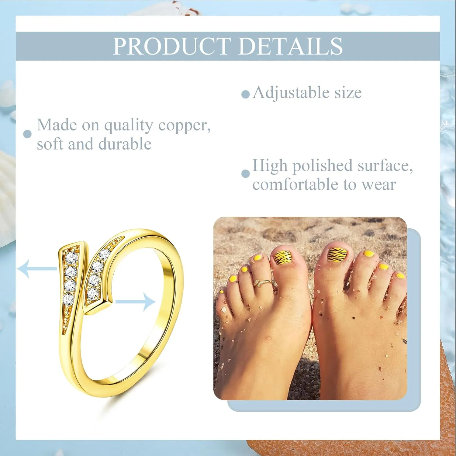 JeryWe 9 Pcs Adjustable Toe Rings for Women Open Cuff Toe Rings Silver Golden Summer Beach Toe Rings Set CZ Tail Pinky Band Rings Beach Foot Jewelry Set