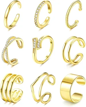 JeryWe 9 Pcs Adjustable Toe Rings for Women Open Cuff Toe Rings Silver Golden Summer Beach Toe Rings Set CZ Tail Pinky Band Rings Beach Foot Jewelry Set