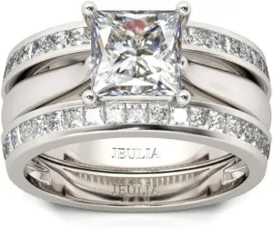 Jeulia 4.37 Carat Engraved Pricess Cut Cubic Zirconia Engagement Ring Diamond Wedding Bands for Women CZ Solitaire Sterling Silver Anniversary Bridal Promise Rings Set