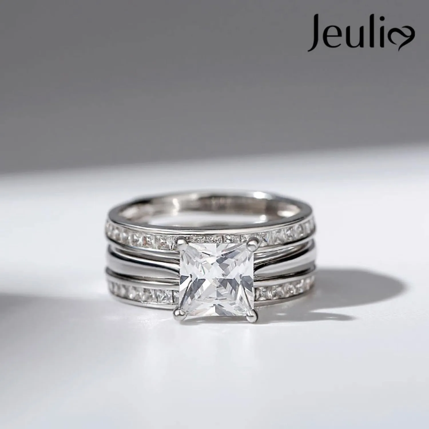 Jeulia 4.37 Carat Engraved Pricess Cut Cubic Zirconia Engagement Ring Diamond Wedding Bands for Women CZ Solitaire Sterling Silver Anniversary Bridal Promise Rings Set