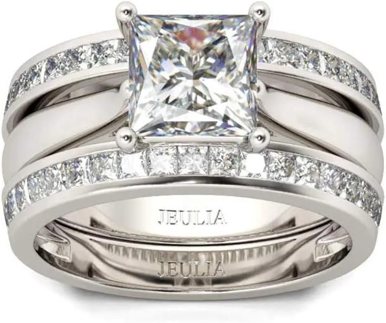 Jeulia 4.37 Carat Engraved Pricess Cut Cubic Zirconia Engagement Ring Diamond Wedding Bands for Women CZ Solitaire Sterling Silver Anniversary Bridal Promise Rings Set
