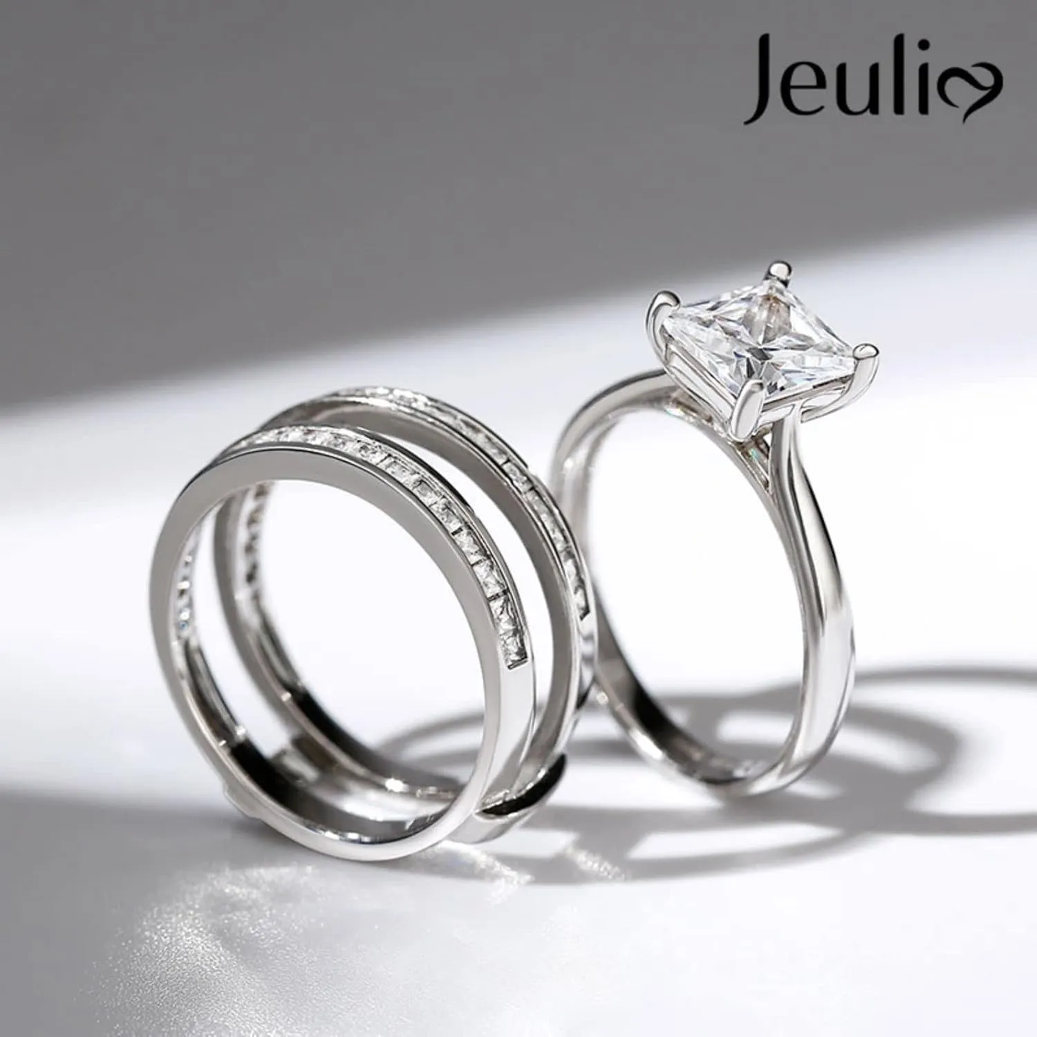 Jeulia 4.37 Carat Engraved Pricess Cut Cubic Zirconia Engagement Ring Diamond Wedding Bands for Women CZ Solitaire Sterling Silver Anniversary Bridal Promise Rings Set