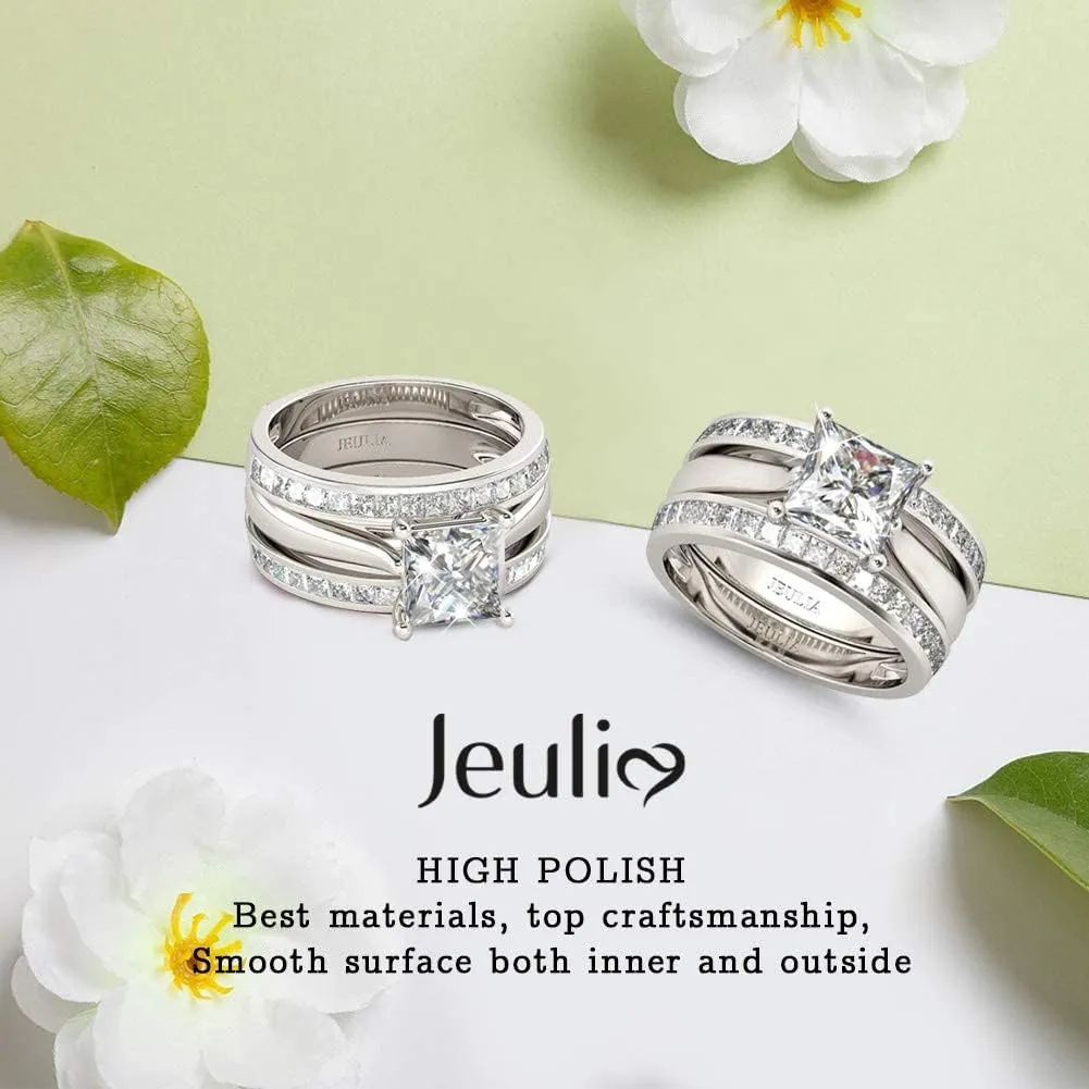 Jeulia 4.37 Carat Engraved Pricess Cut Cubic Zirconia Engagement Ring Diamond Wedding Bands for Women CZ Solitaire Sterling Silver Anniversary Bridal Promise Rings Set
