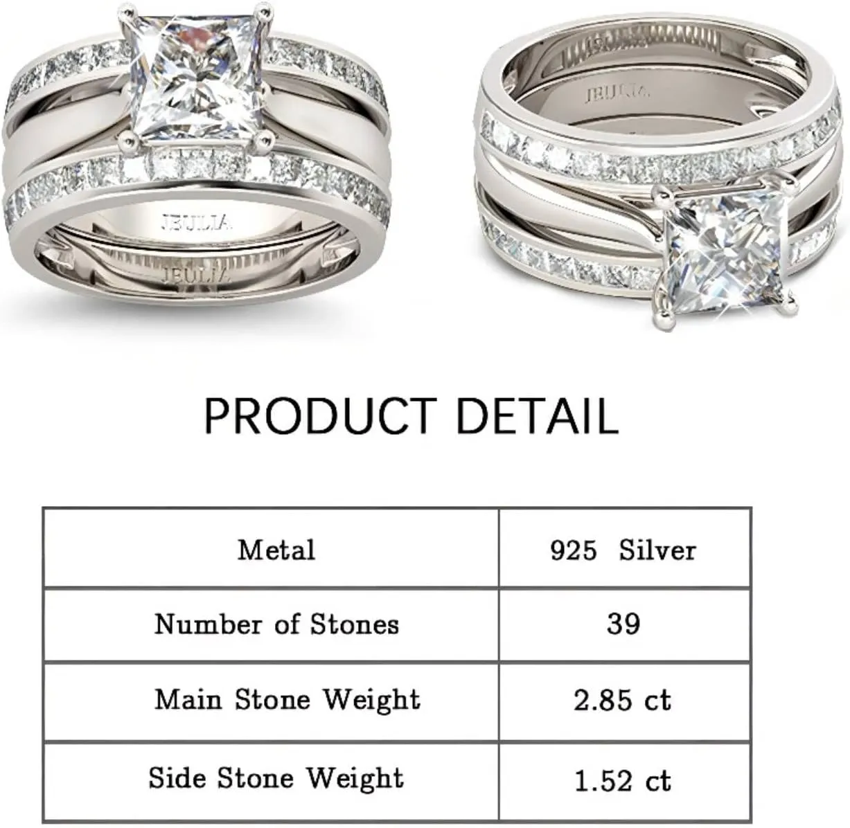Jeulia 4.37 Carat Engraved Pricess Cut Cubic Zirconia Engagement Ring Diamond Wedding Bands for Women CZ Solitaire Sterling Silver Anniversary Bridal Promise Rings Set