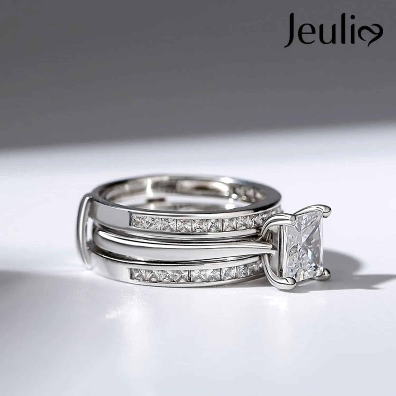 Jeulia 4.37 Carat Engraved Pricess Cut Cubic Zirconia Engagement Ring Diamond Wedding Bands for Women CZ Solitaire Sterling Silver Anniversary Bridal Promise Rings Set