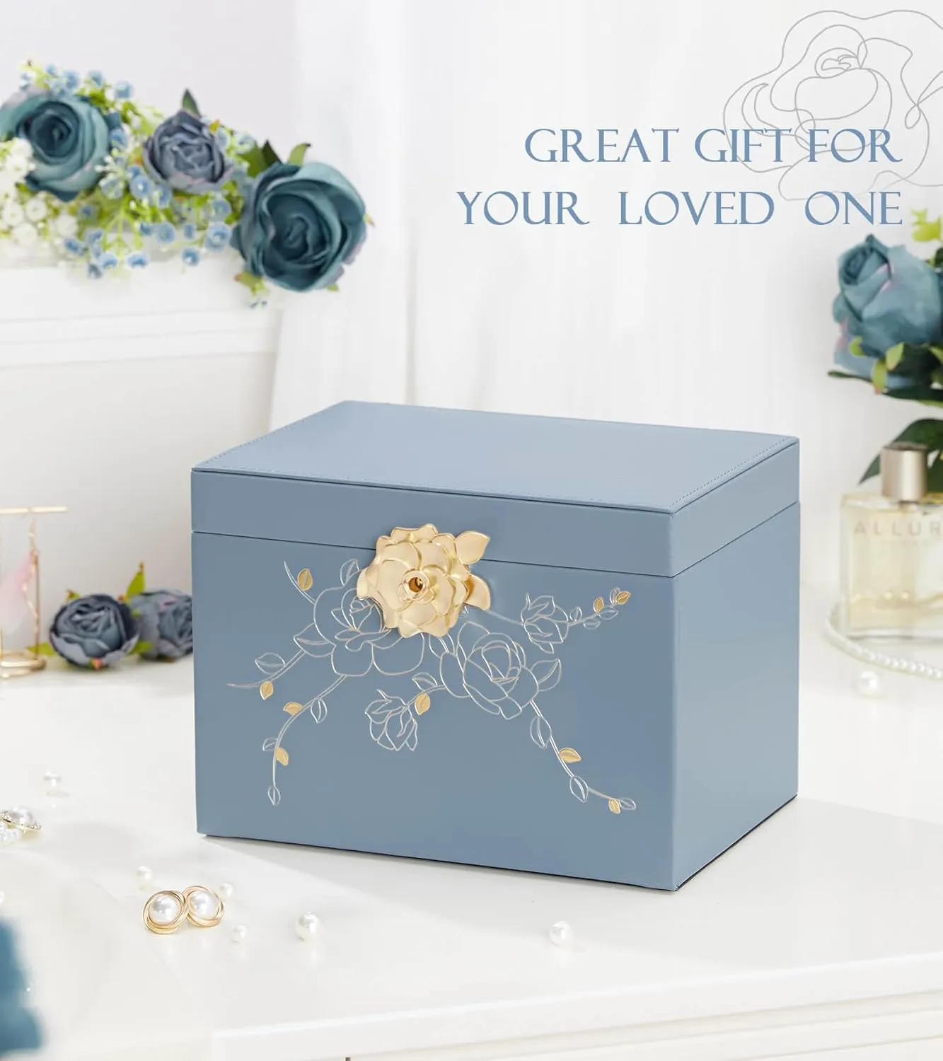 Jewelry Box with Lock for Girls: Jewelry Organizer for Dresser - 3-Drawer Earrings Storage Girls Women Gift (Grey Blue)