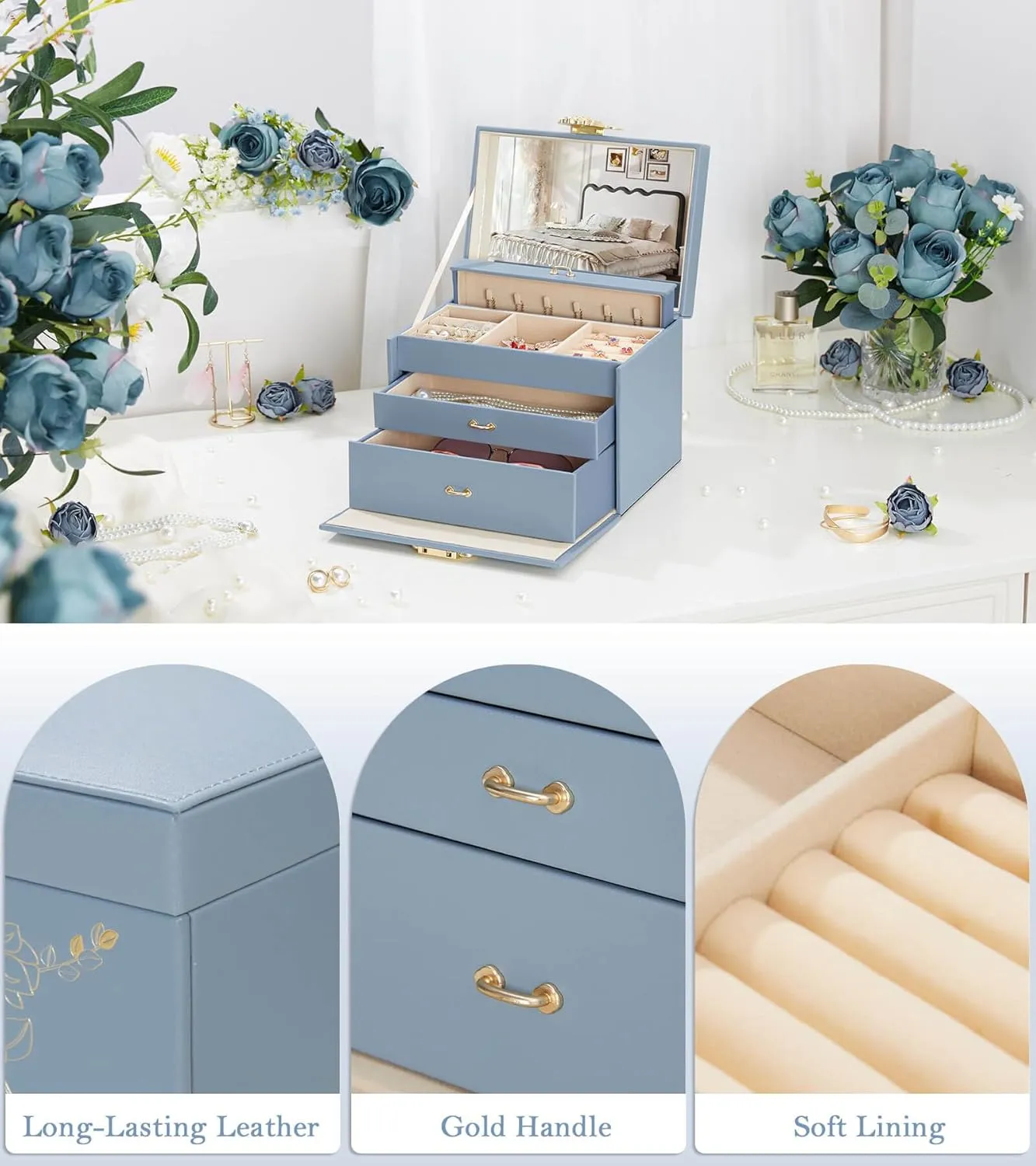Jewelry Box with Lock for Girls: Jewelry Organizer for Dresser - 3-Drawer Earrings Storage Girls Women Gift (Grey Blue)