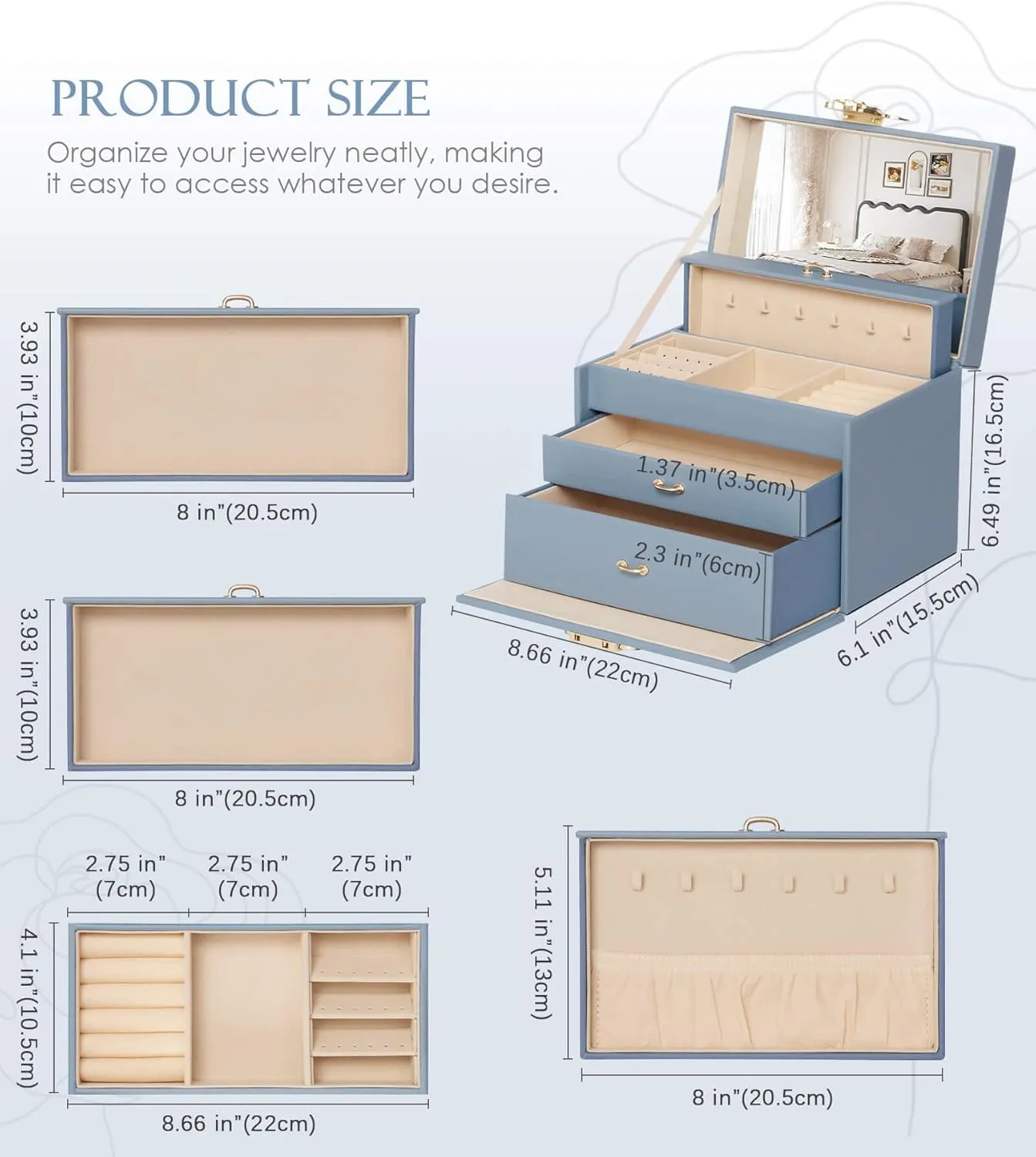 Jewelry Box with Lock for Girls: Jewelry Organizer for Dresser - 3-Drawer Earrings Storage Girls Women Gift (Grey Blue)