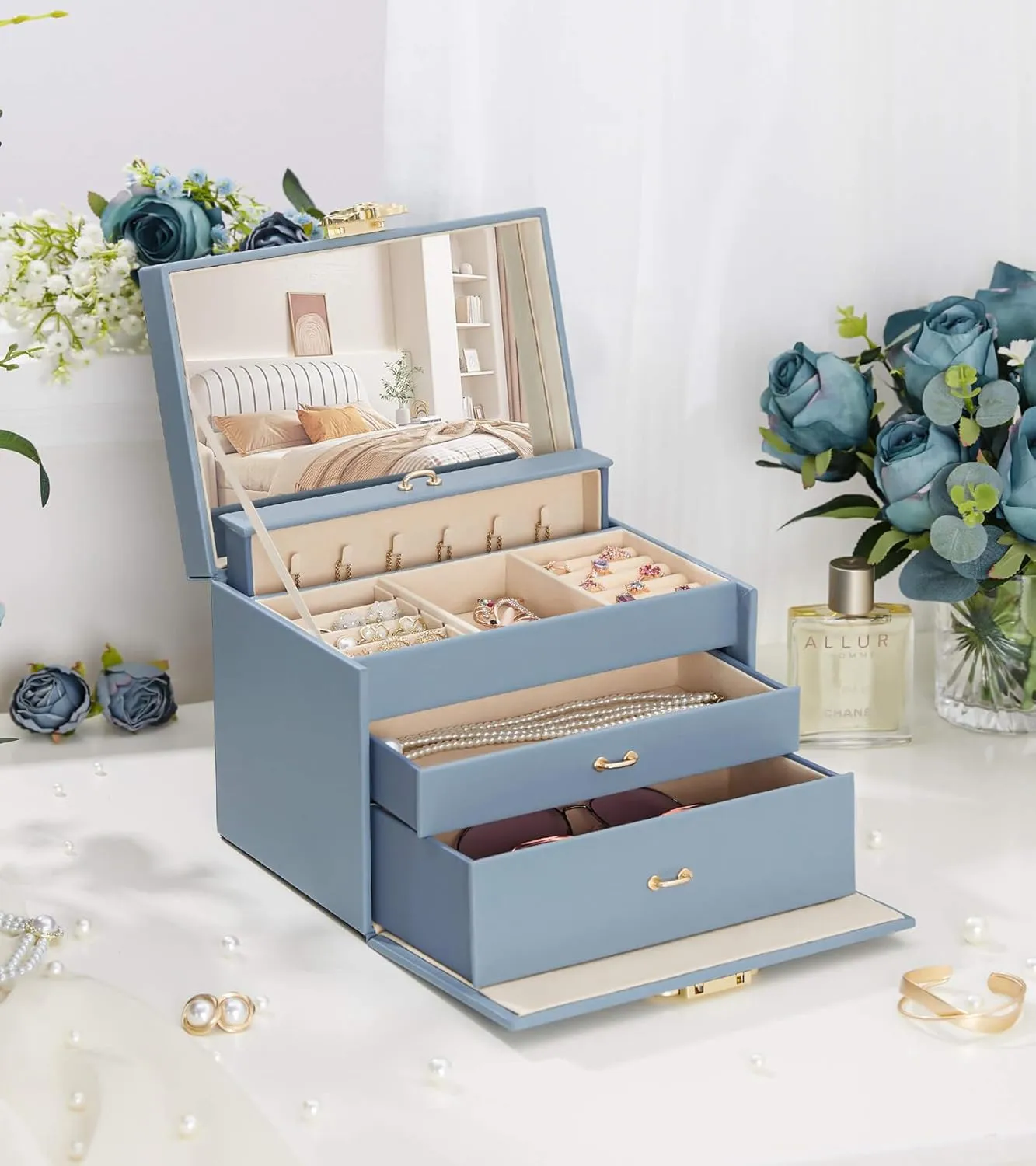 Jewelry Box with Lock for Girls: Jewelry Organizer for Dresser - 3-Drawer Earrings Storage Girls Women Gift (Grey Blue)