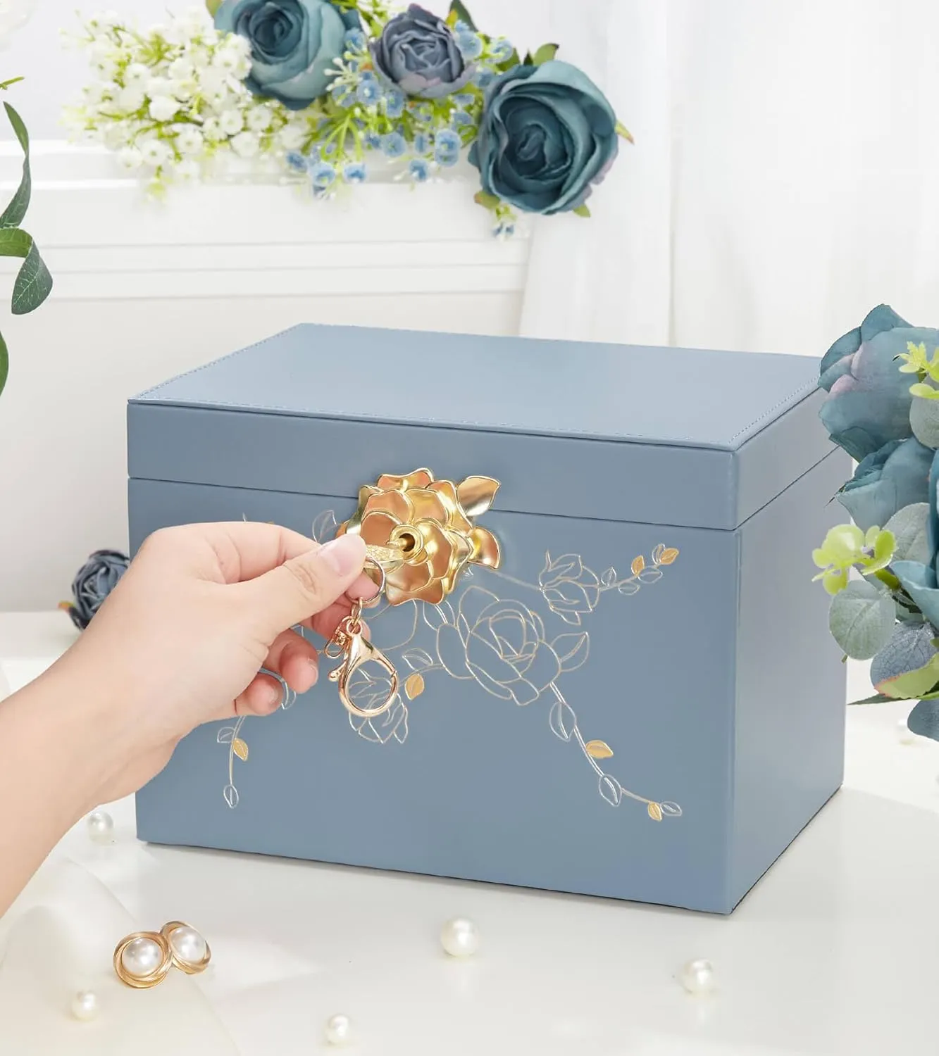 Jewelry Box with Lock for Girls: Jewelry Organizer for Dresser - 3-Drawer Earrings Storage Girls Women Gift (Grey Blue)