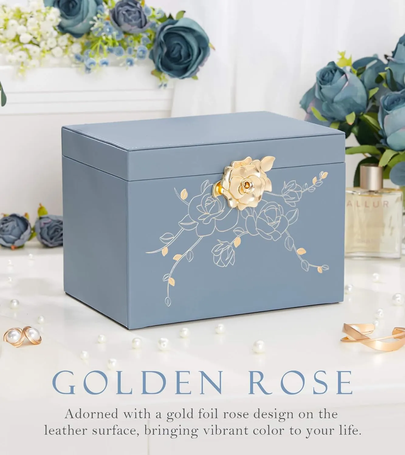 Jewelry Box with Lock for Girls: Jewelry Organizer for Dresser - 3-Drawer Earrings Storage Girls Women Gift (Grey Blue)