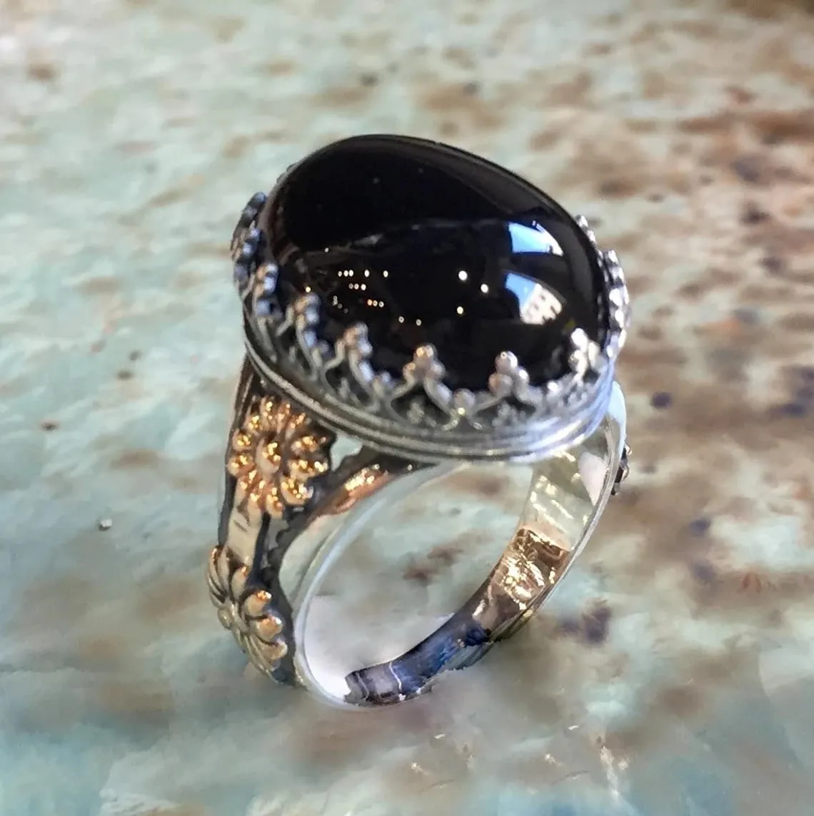 Jewelry Making Supplies Turkish Handmade 925 Sterling Silver Black Onyx Stone Ring for Men Women Vintage Style Gemstone Hand Carved Black Agate Gem Silver Ring