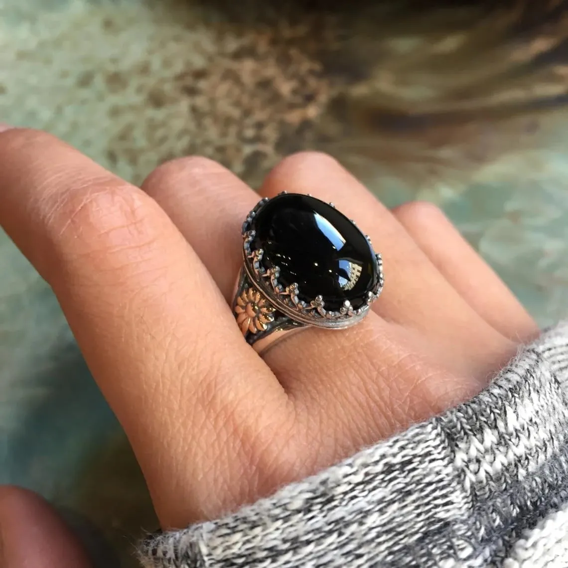 Jewelry Making Supplies Turkish Handmade 925 Sterling Silver Black Onyx Stone Ring for Men Women Vintage Style Gemstone Hand Carved Black Agate Gem Silver Ring