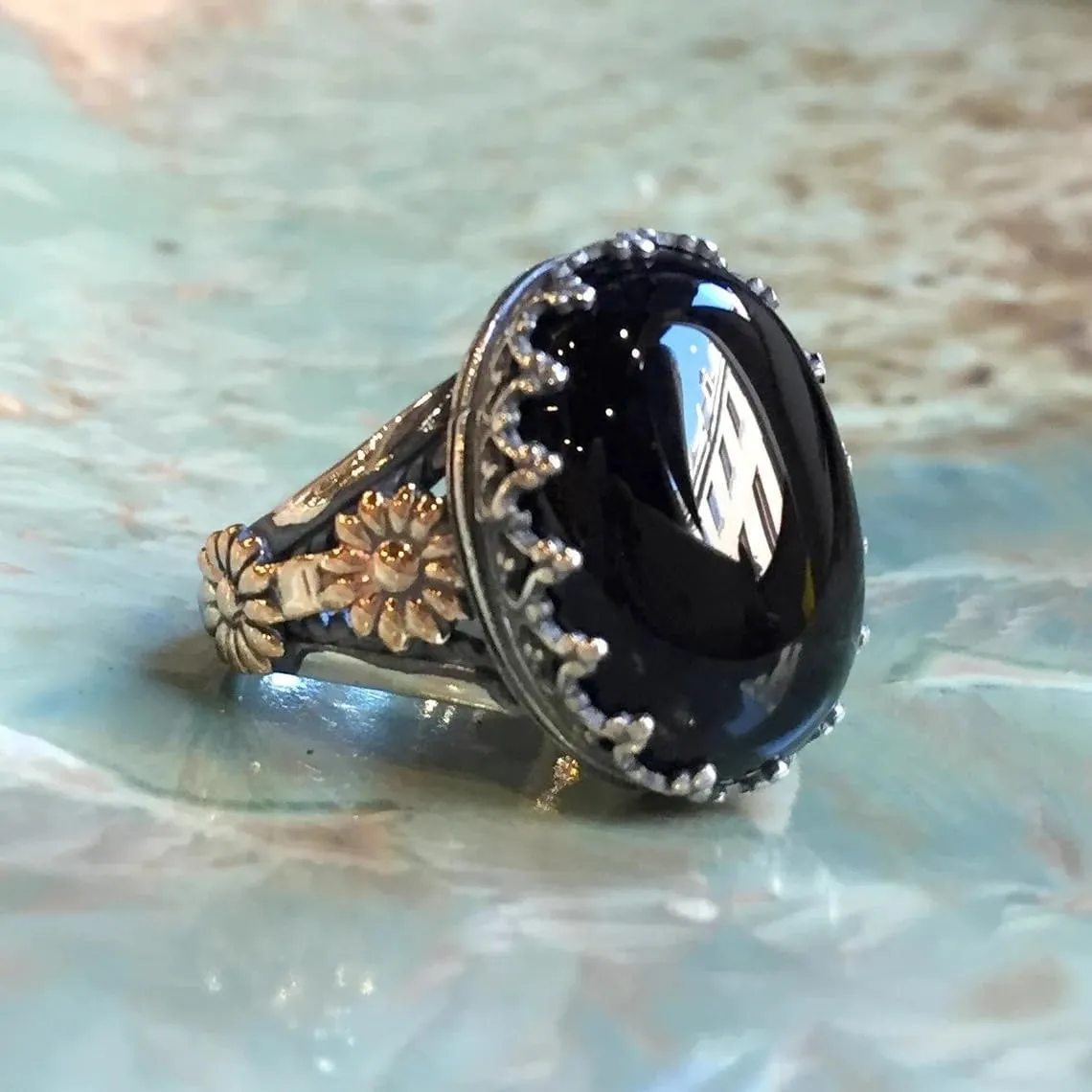 Jewelry Making Supplies Turkish Handmade 925 Sterling Silver Black Onyx Stone Ring for Men Women Vintage Style Gemstone Hand Carved Black Agate Gem Silver Ring