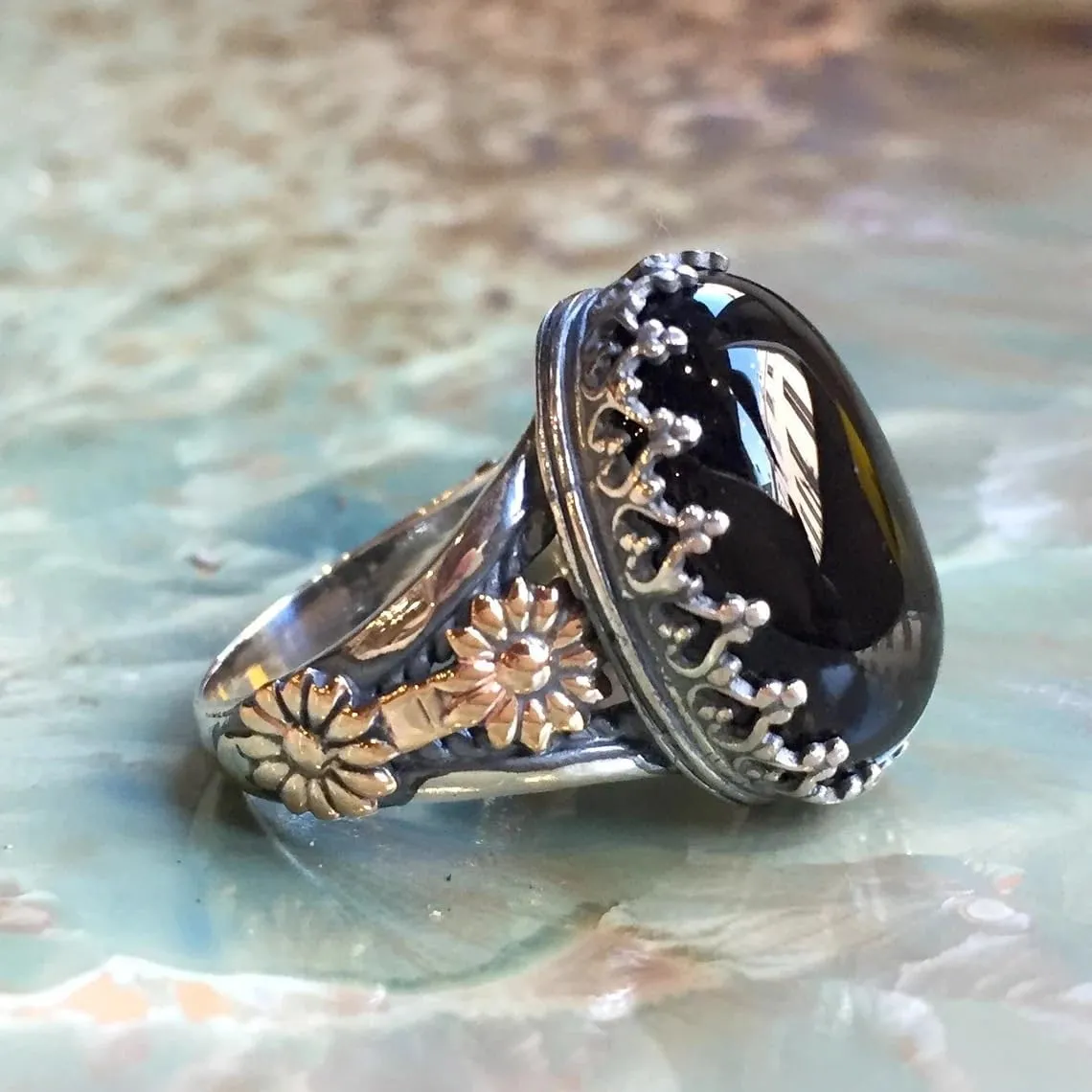 Jewelry Making Supplies Turkish Handmade 925 Sterling Silver Black Onyx Stone Ring for Men Women Vintage Style Gemstone Hand Carved Black Agate Gem Silver Ring