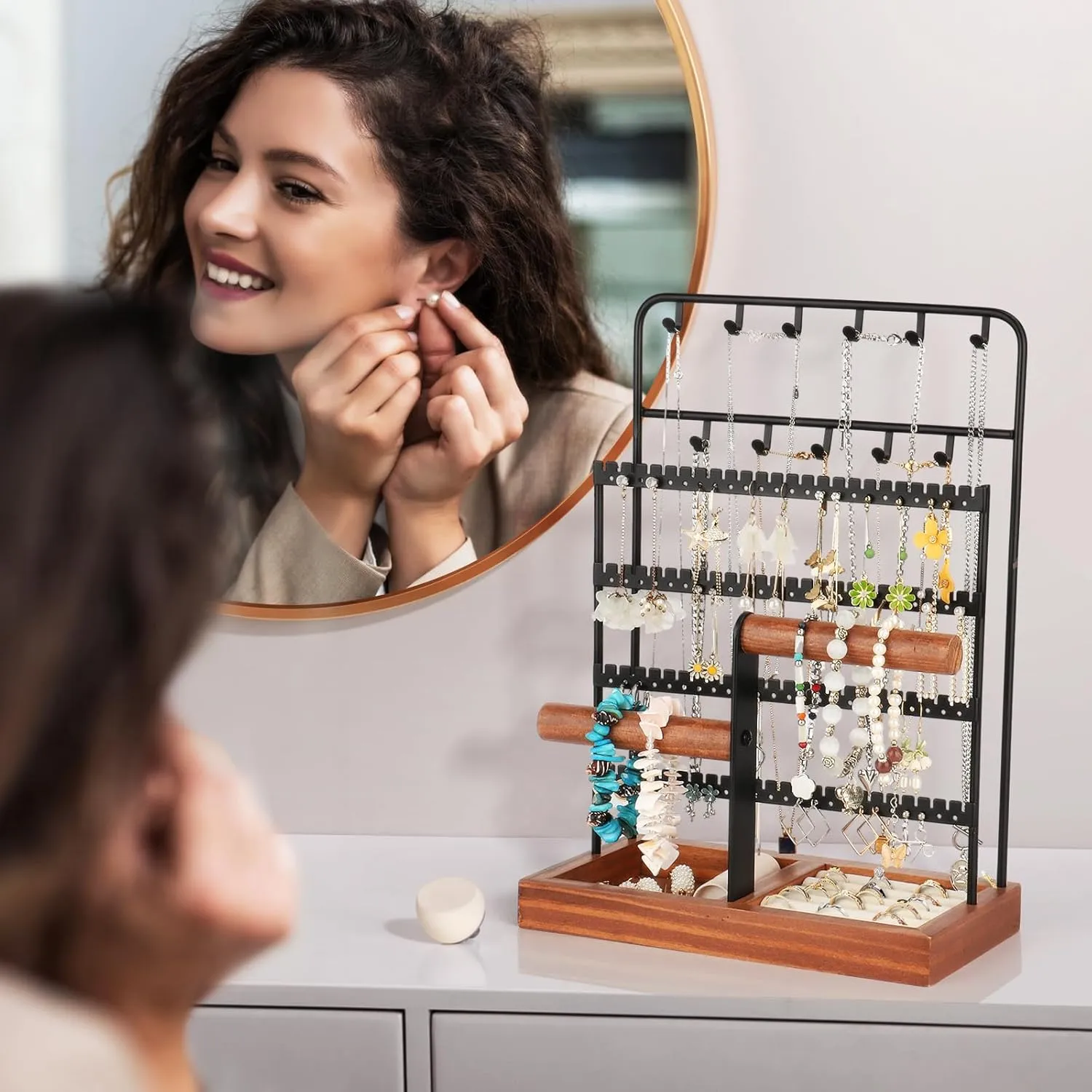 Jewelry Organizer, Jewelry Organizers and Storage with Tray, 8-Tier Earring Holder Organizer with 13 Hooks for Necklace, 96 Holes for Earring, Necklace Holder for Woman Girls, Black
