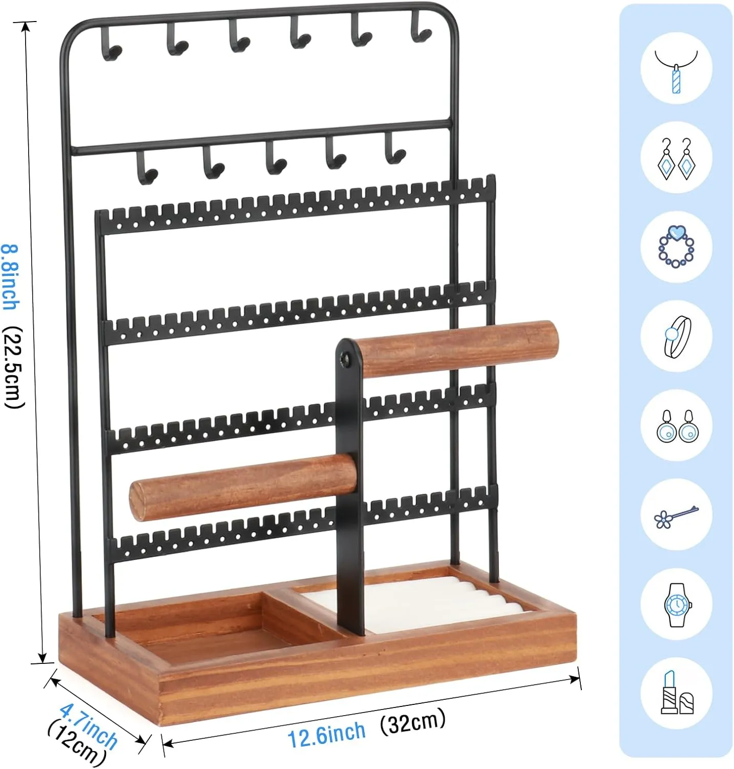 Jewelry Organizer, Jewelry Organizers and Storage with Tray, 8-Tier Earring Holder Organizer with 13 Hooks for Necklace, 96 Holes for Earring, Necklace Holder for Woman Girls, Black