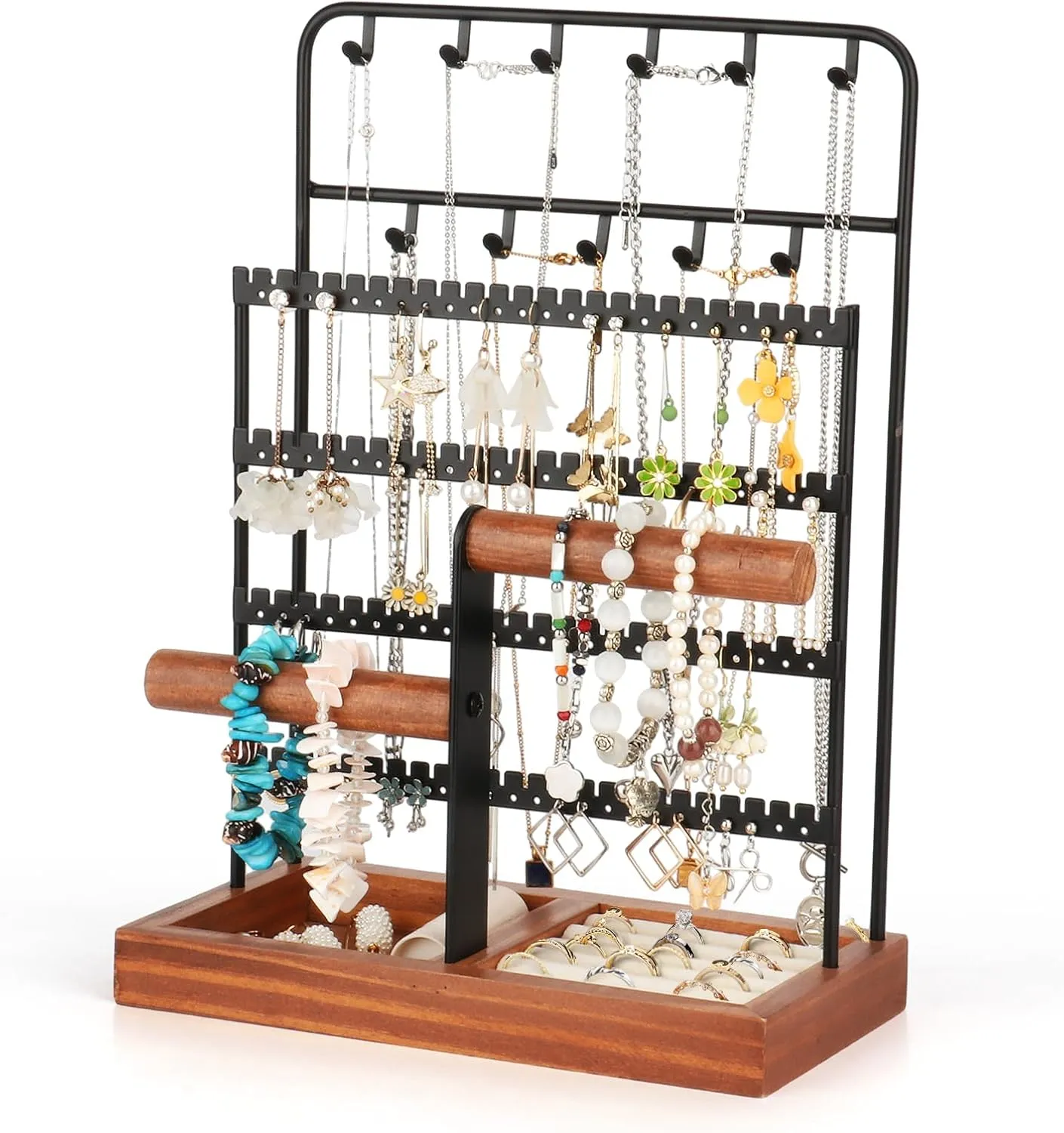 Jewelry Organizer, Jewelry Organizers and Storage with Tray, 8-Tier Earring Holder Organizer with 13 Hooks for Necklace, 96 Holes for Earring, Necklace Holder for Woman Girls, Black