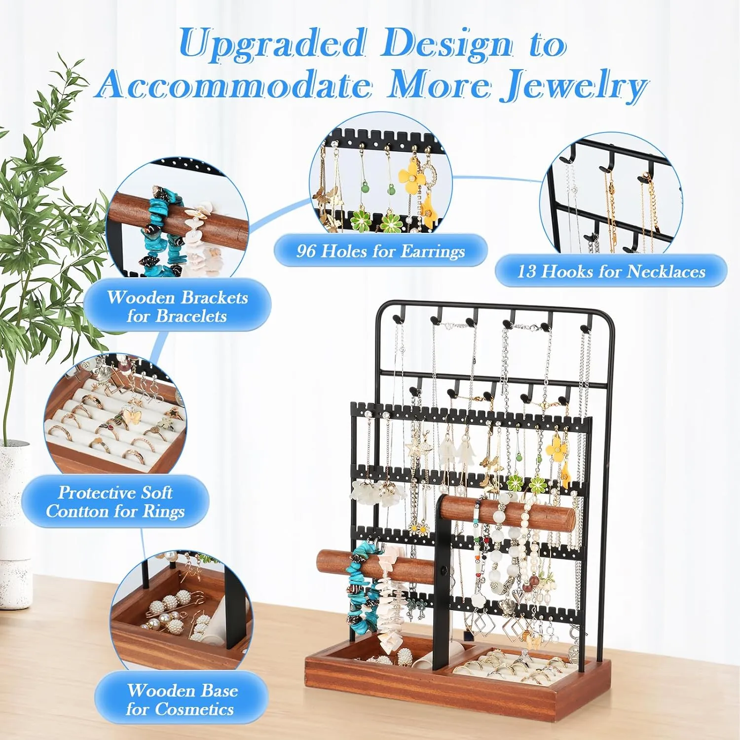 Jewelry Organizer, Jewelry Organizers and Storage with Tray, 8-Tier Earring Holder Organizer with 13 Hooks for Necklace, 96 Holes for Earring, Necklace Holder for Woman Girls, Black
