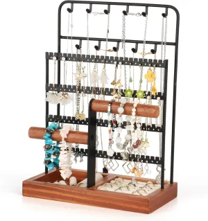 Jewelry Organizer, Jewelry Organizers and Storage with Tray, 8-Tier Earring Holder Organizer with 13 Hooks for Necklace, 96 Holes for Earring, Necklace Holder for Woman Girls, Black