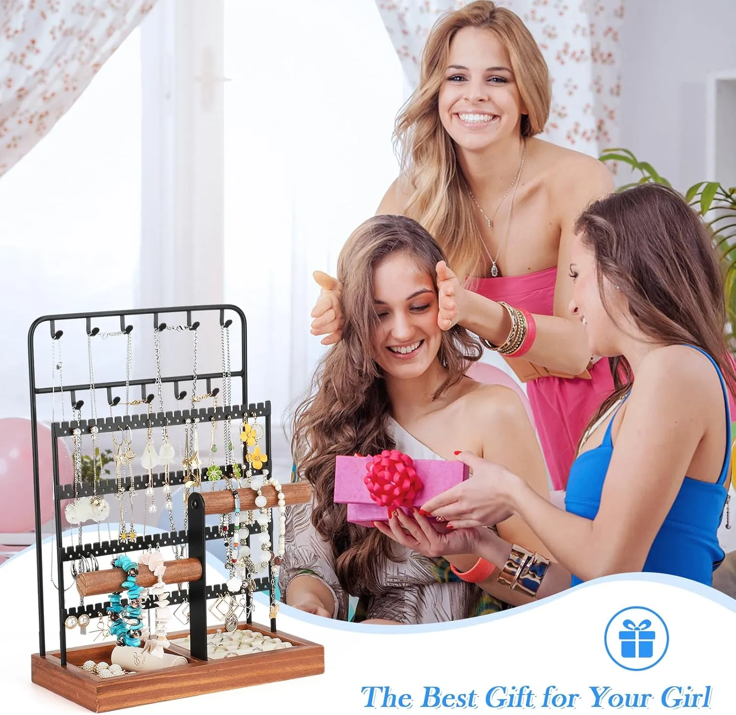 Jewelry Organizer, Jewelry Organizers and Storage with Tray, 8-Tier Earring Holder Organizer with 13 Hooks for Necklace, 96 Holes for Earring, Necklace Holder for Woman Girls, Black