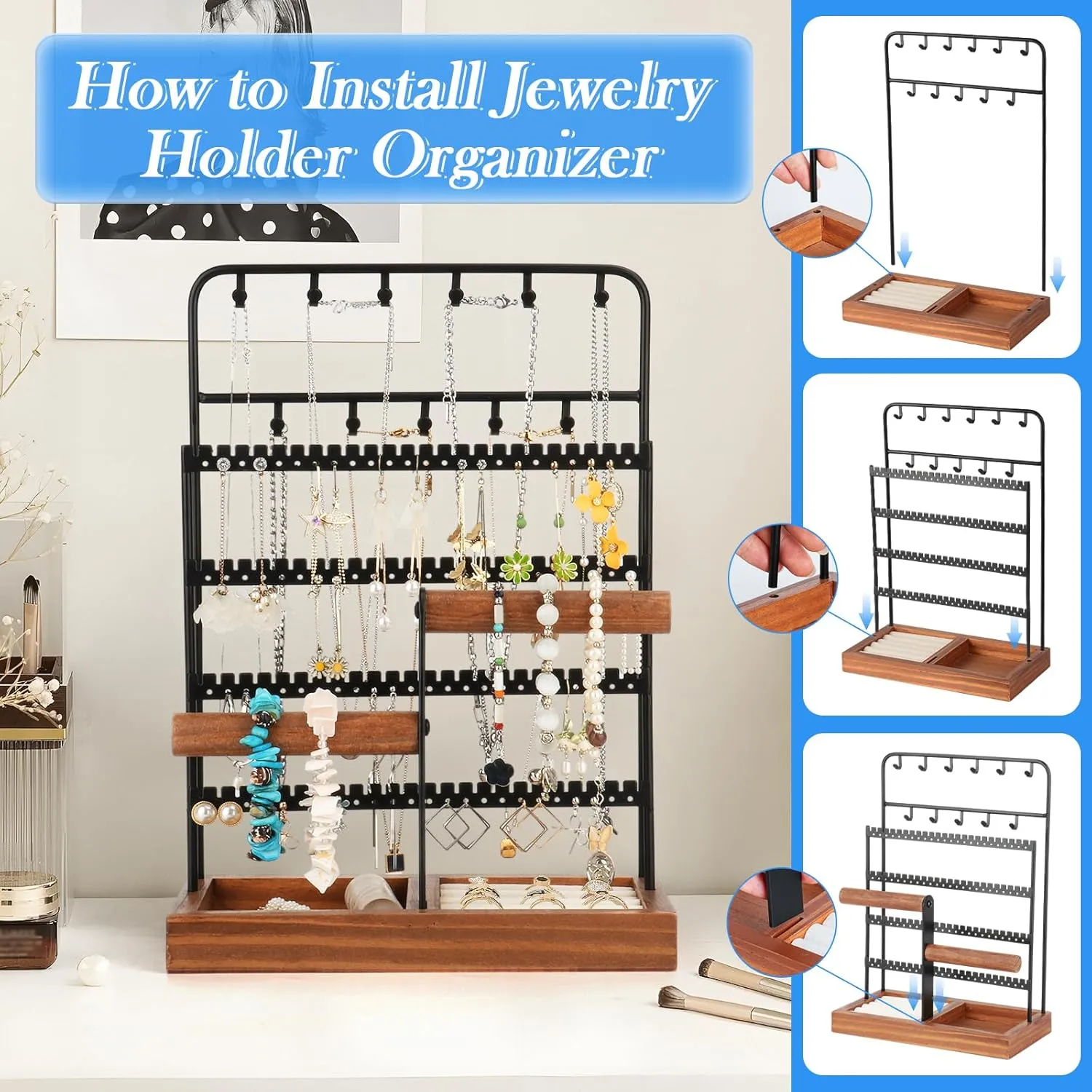 Jewelry Organizer, Jewelry Organizers and Storage with Tray, 8-Tier Earring Holder Organizer with 13 Hooks for Necklace, 96 Holes for Earring, Necklace Holder for Woman Girls, Black