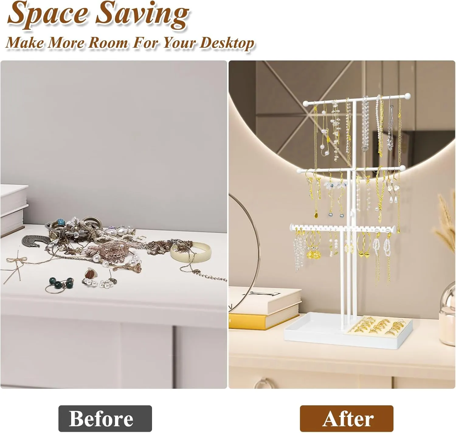 Jewelry Stand Necklace Holder, 3 Tier Necklace Organizer With Velvet Earrings Rings Tray, Adjustable Height Jewelry Organizer, Necklaces Hanging Storage Tree Display For Bracelets Bangles Watches