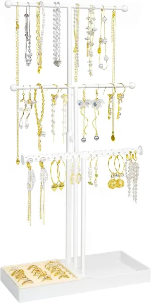 Jewelry Stand Necklace Holder, 3 Tier Necklace Organizer With Velvet Earrings Rings Tray, Adjustable Height Jewelry Organizer, Necklaces Hanging Storage Tree Display For Bracelets Bangles Watches